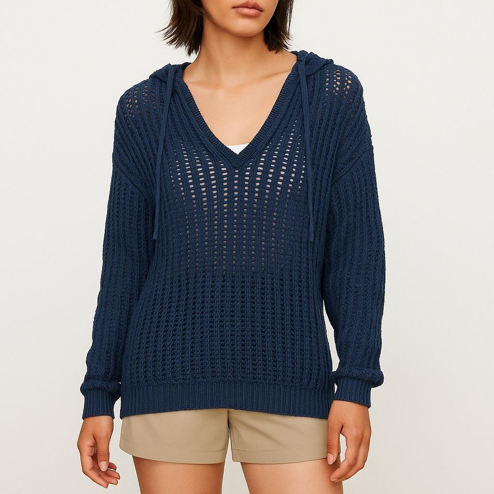 Wilfred Free Cotton Open Knit Hoodie Sweater Navy Blue Sz Large Slouchy Pullover